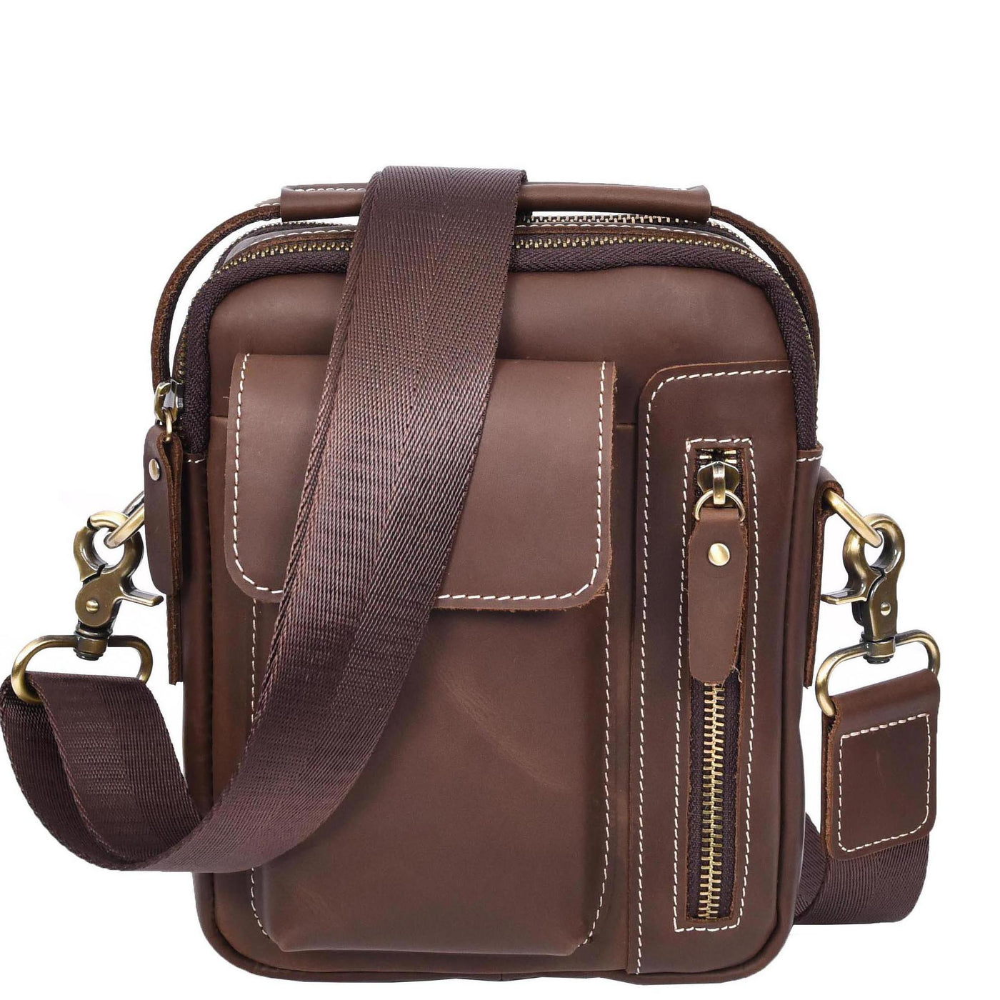 Mens Leather Small Cross Body Flight Bag Hudson BROWN HUNTER (Min Order From 10Pcs)