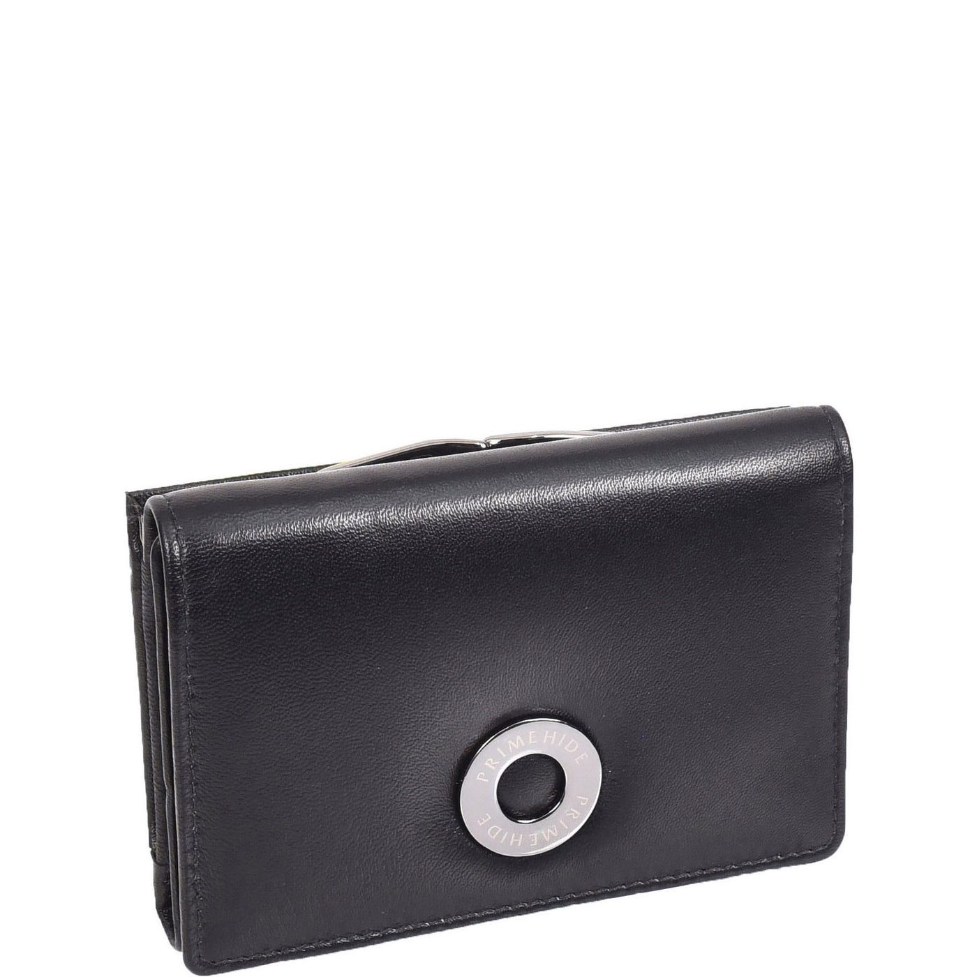 Womens Leather Trifold Metal Frame Purse Small Ravenna Black (Min Order From 20Pcs)