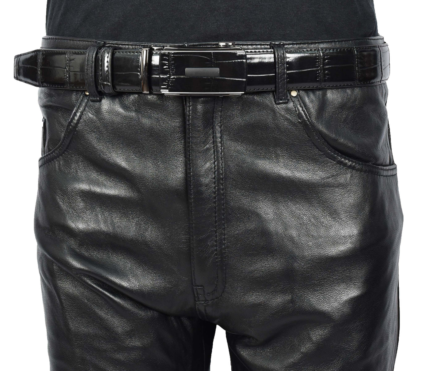 Real Leather Mens Adjustable Ratchet Buckle Belt Dress Suits Pants Every Day Wear Whistler Black (Min Order From 10/Pcs )