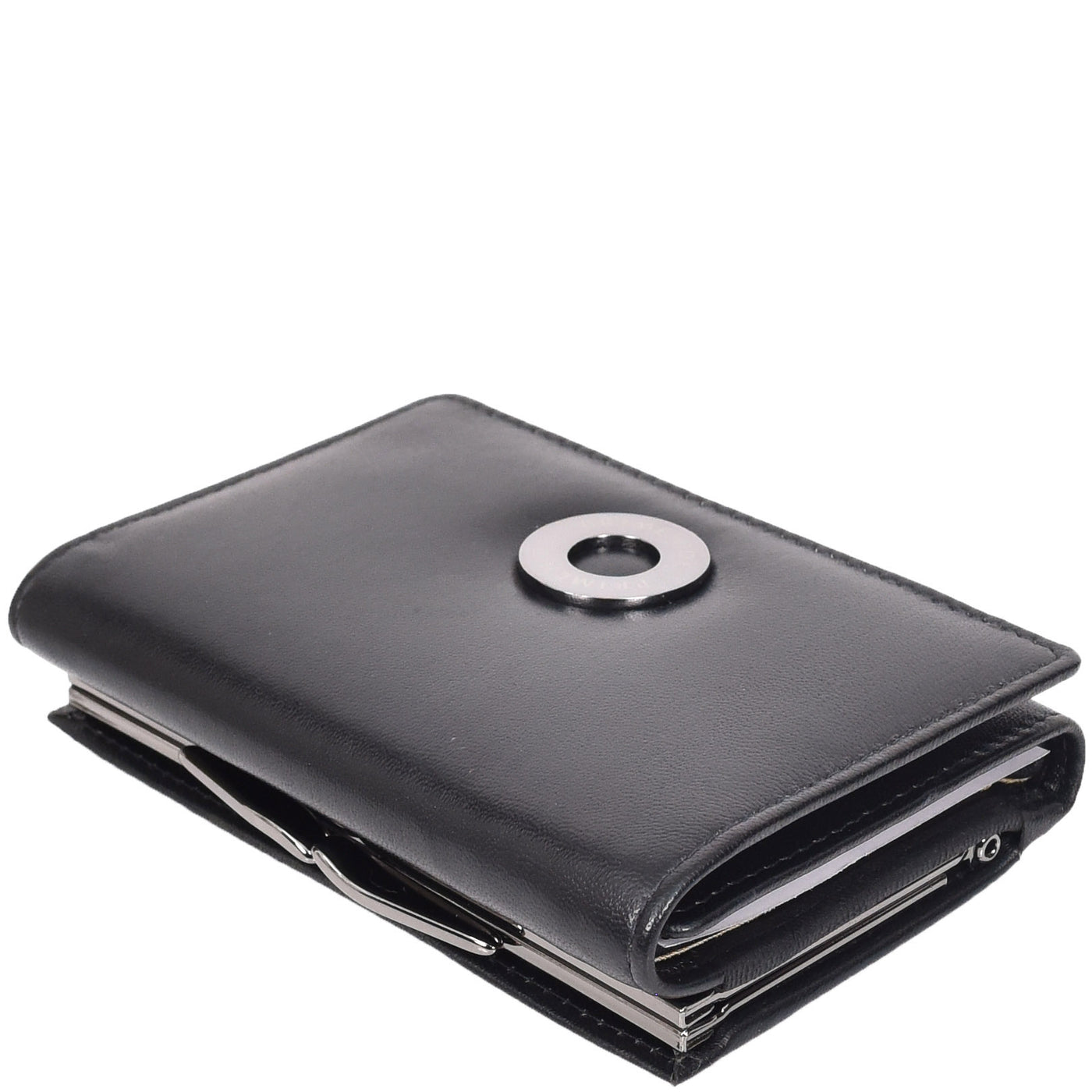 Womens Leather Trifold Metal Frame Purse Small Ravenna Black (Min Order From 20Pcs)