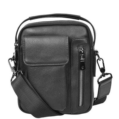 Mens Leather Small Cross Body Flight Bag Hudson Black (Min Order From 10Pcs)