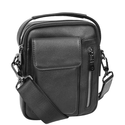Mens Leather Small Cross Body Flight Bag Hudson Black (Min Order From 10Pcs)