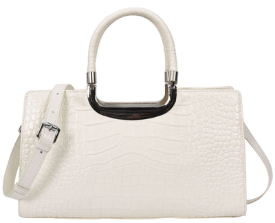 Womens Leather Croc Print Handbag Madeline White (Min Order From 10Pcs)