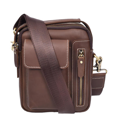 Mens Leather Small Cross Body Flight Bag Hudson BROWN HUNTER (Min Order From 10Pcs)