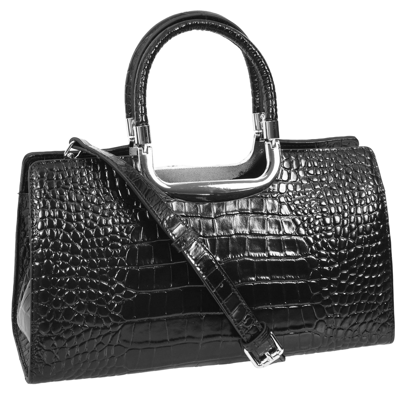 Womens Leather Croc Print Handbag Madeline Black (Min Order From 10Pcs)