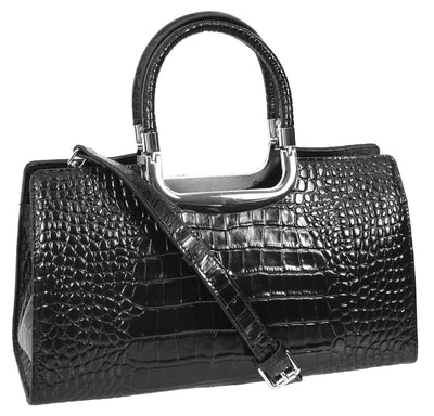 Womens Leather Croc Print Handbag Madeline Black (Min Order From 10Pcs)