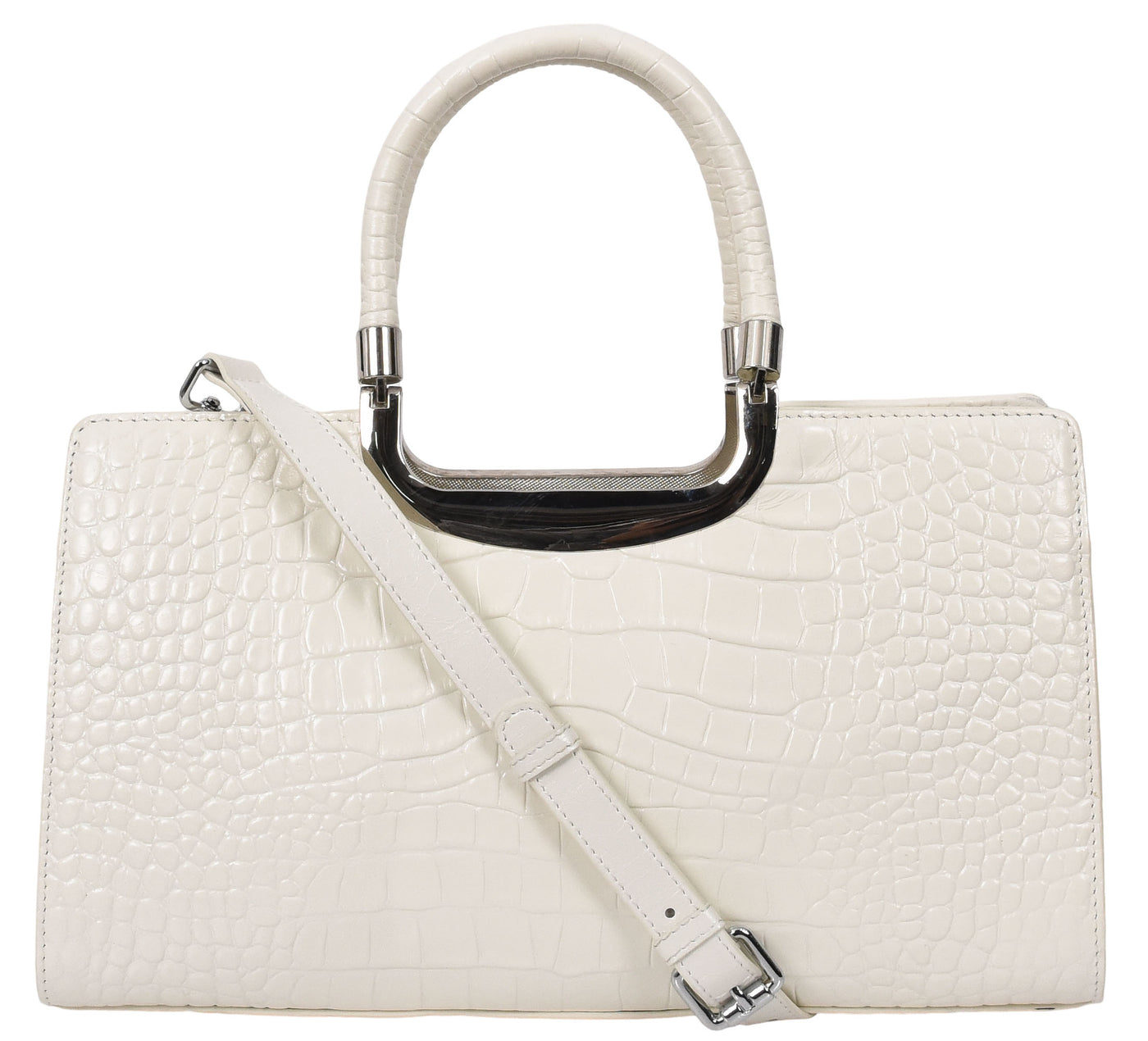 Womens Leather Croc Print Handbag Madeline White (Min Order From 10Pcs)