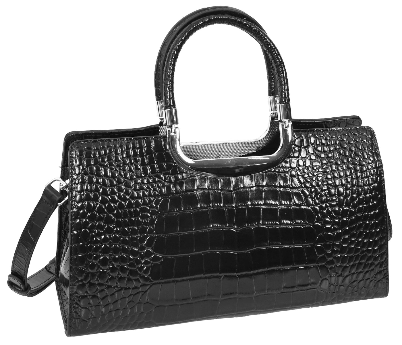 Womens Leather Croc Print Handbag Madeline Black (Min Order From 10Pcs)