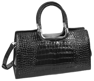 Womens Leather Croc Print Handbag Madeline Black (Min Order From 10Pcs)