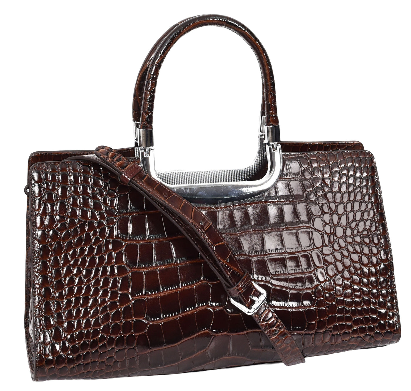 Womens Leather Croc Print Handbag Madeline Brown (Min Order From 10Pcs)