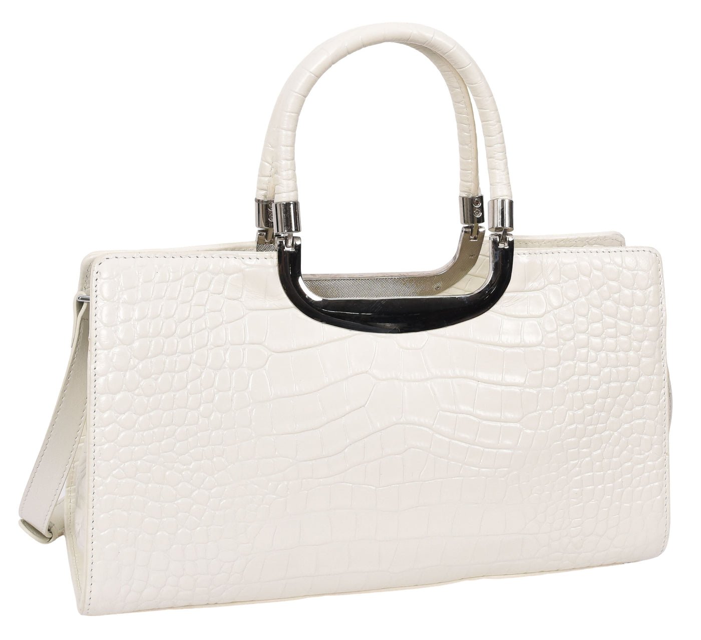 Womens Leather Croc Print Handbag Madeline White (Min Order From 10Pcs)