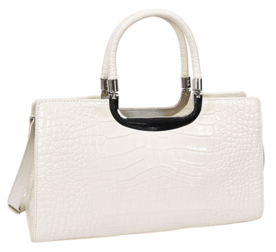 Womens Leather Croc Print Handbag Madeline White (Min Order From 10Pcs)