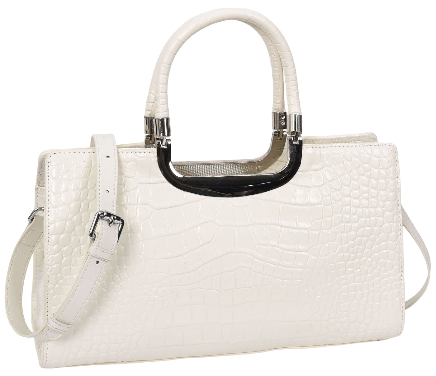 Womens Leather Croc Print Handbag Madeline White (Min Order From 10Pcs)