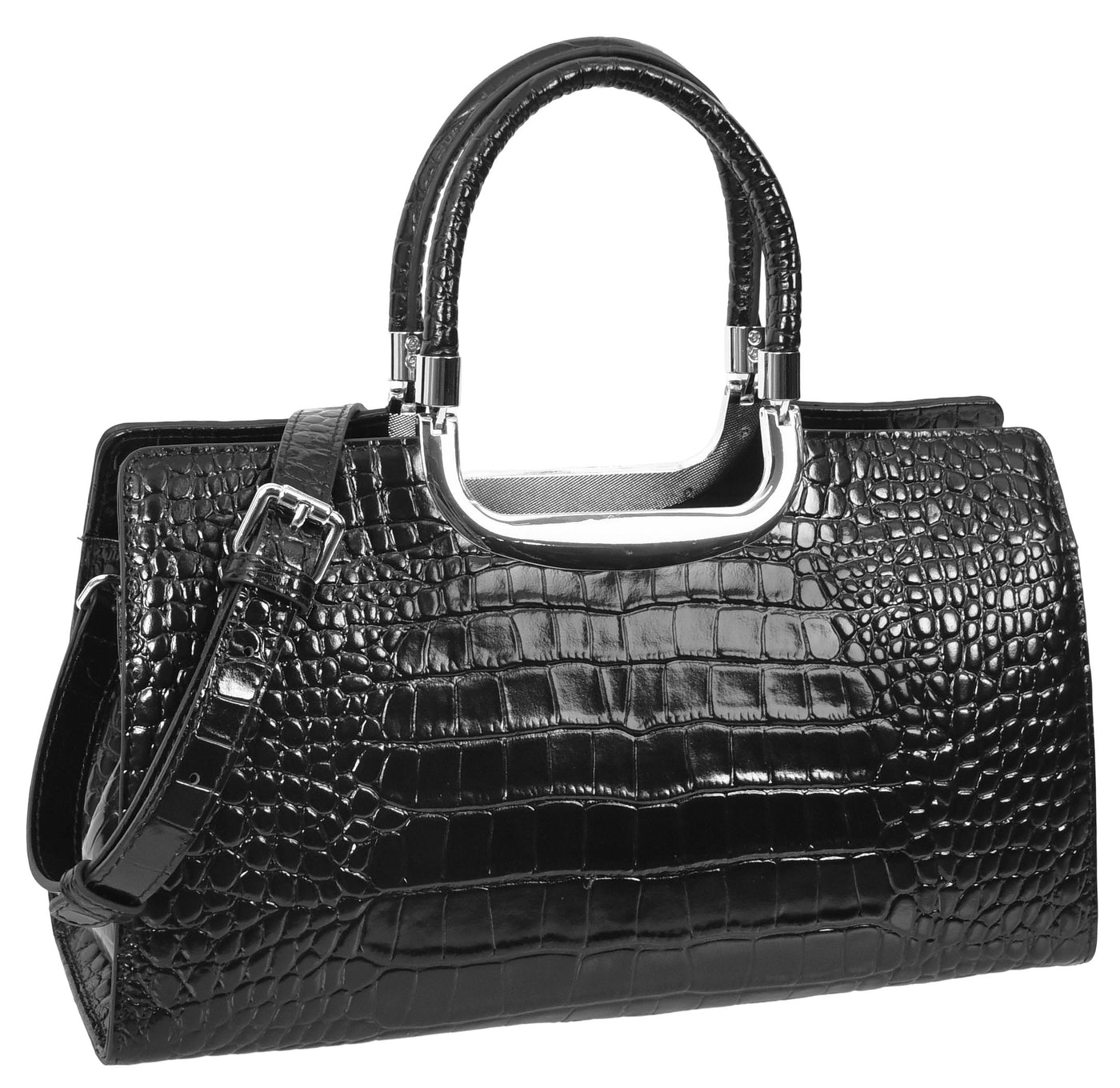 Womens Leather Croc Print Handbag Madeline Black (Min Order From 10Pcs)