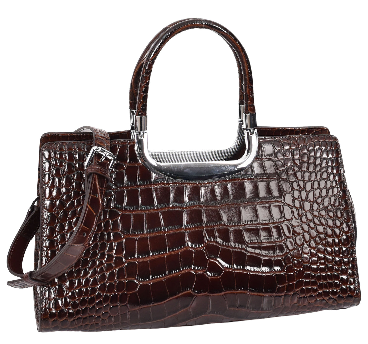 Womens Leather Croc Print Handbag Madeline Brown (Min Order From 10Pcs)