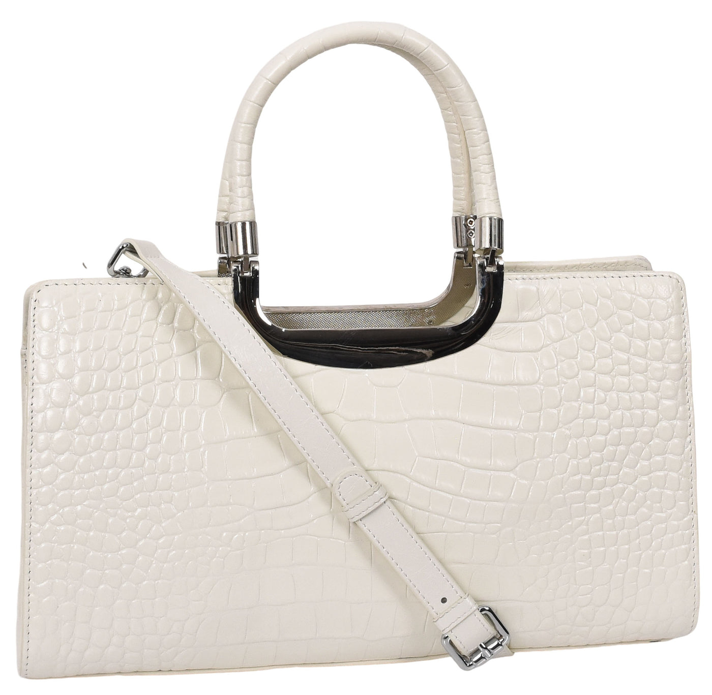 Womens Leather Croc Print Handbag Madeline White (Min Order From 10Pcs)